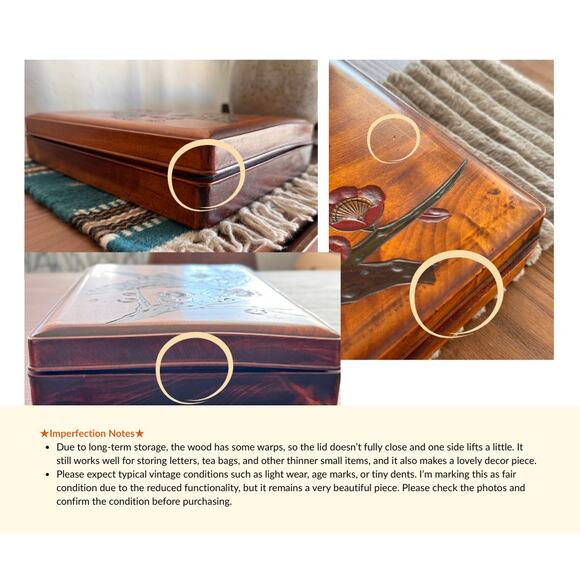 Vintage Japanese Urushi Lacquer Art Wooden Box, Handcarved Bird & Flower, Signed - Picture 7 of 16